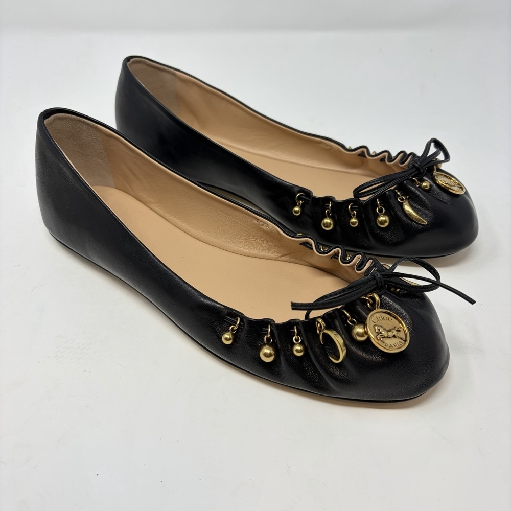 Chloé Charms Ballerina Flats Black Leather Ballet Shoes EU 38‎ US 7.5